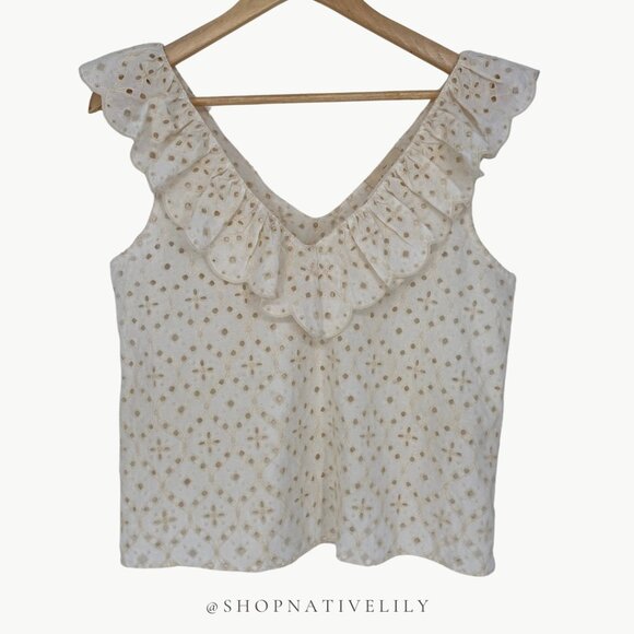 Sézane Women's Eyelet Ruffle V-Neck Gold Blouse Tank | 38 (US 6) | Ecru (Cream) - Picture 4 of 12